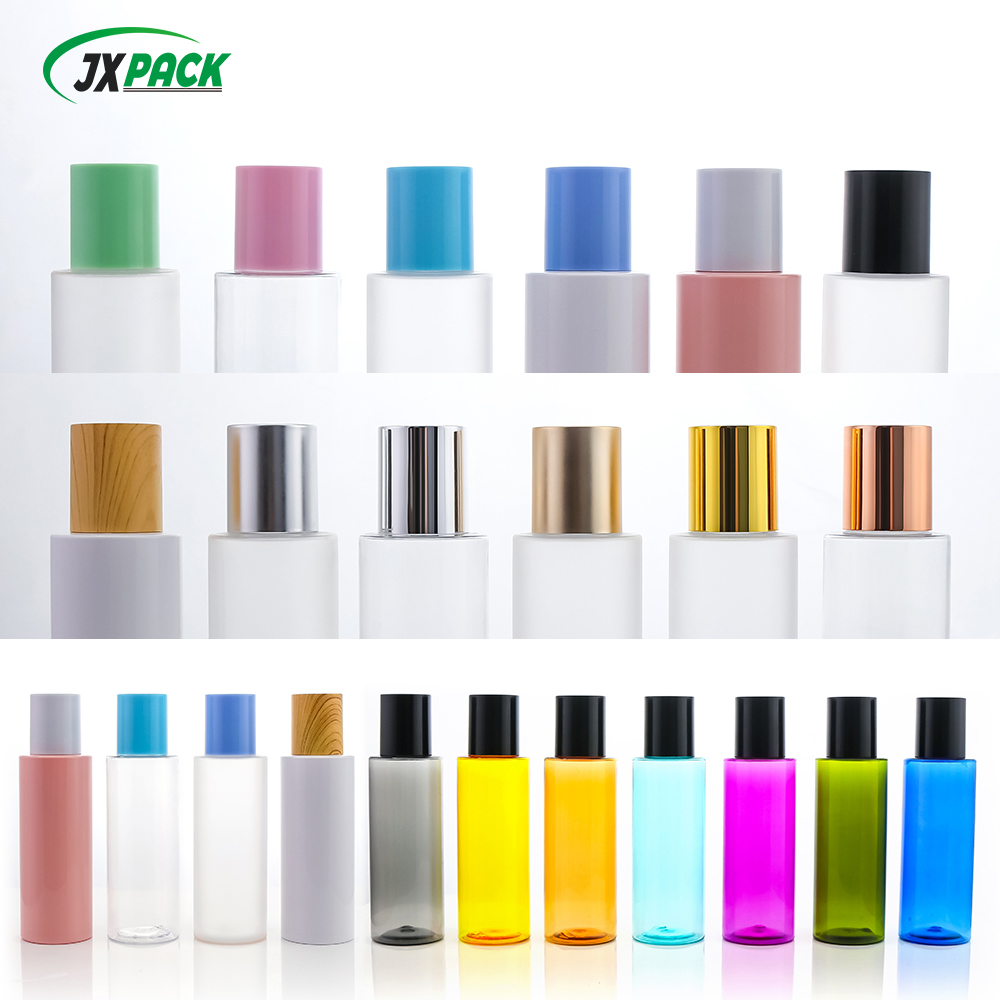 Botella de loción de plástico de 100 ml con tapa abatible para esencia facial